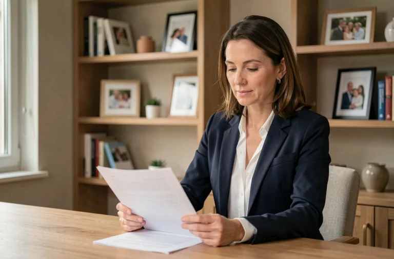 Femme professionnelle élégante dans un bureau à domicile chaleureux, évoquant l'équilibre entre vie familiale et carrière