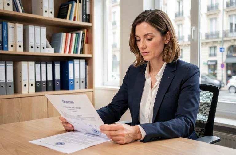 Femme professionnelle consultant des documents de certification RNCP dans un bureau administratif moderne en France