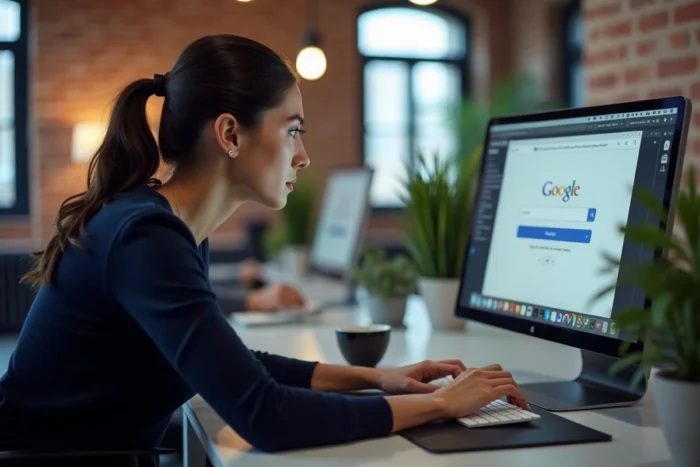 Femme recherchant l'adresse actuelle d'Extreme Download sur un ordinateur de bureau dans un espace de coworking