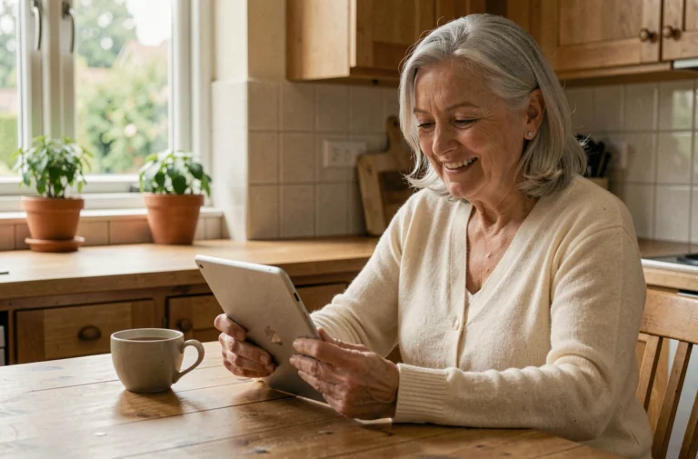 Femme senior souriante consultant une tablette dans une cuisine chaleureuse pour découvrir des conseils retraite