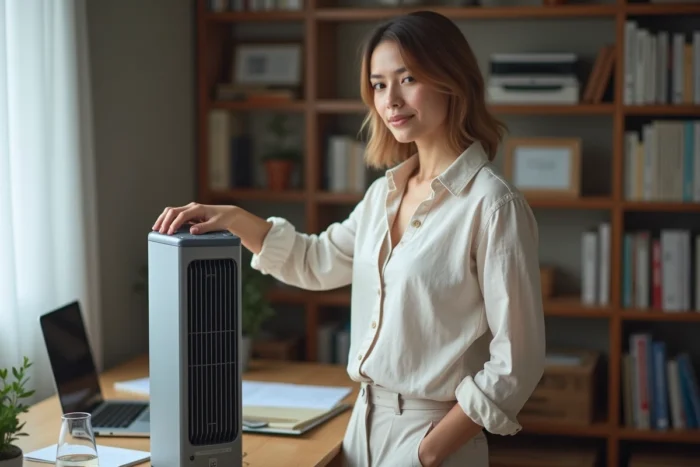 Femme en chemise en lin utilisant un ventilateur colonne dans un bureau à domicile avec ordinateur portable et documents