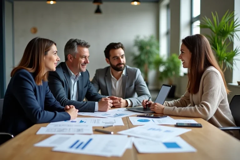 Un groupe de professionnels diversifiés autour d'une table de travail examinant des documents de financement de projet dans un espace de coworking moderne
