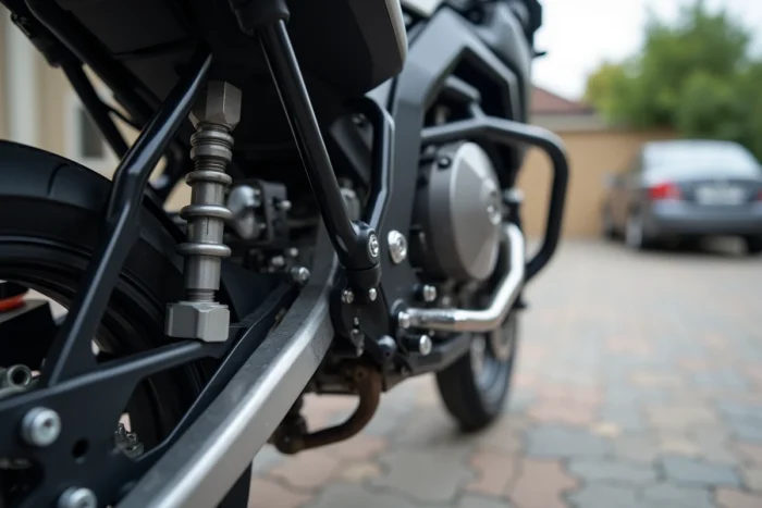 Gros plan sur le système de montage et les fixations d'un side-car sur une moto adventure moderne