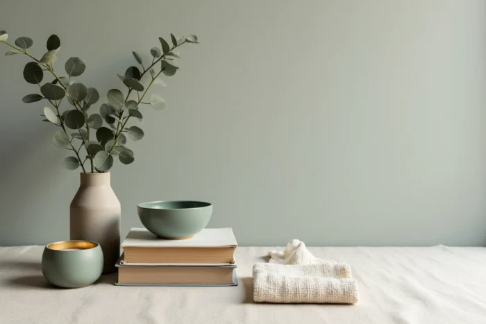 Flat lay éditorial d'accessoires de décoration intérieure minimalistes sur tissu lin avec bougeoir en laiton et bol céramique