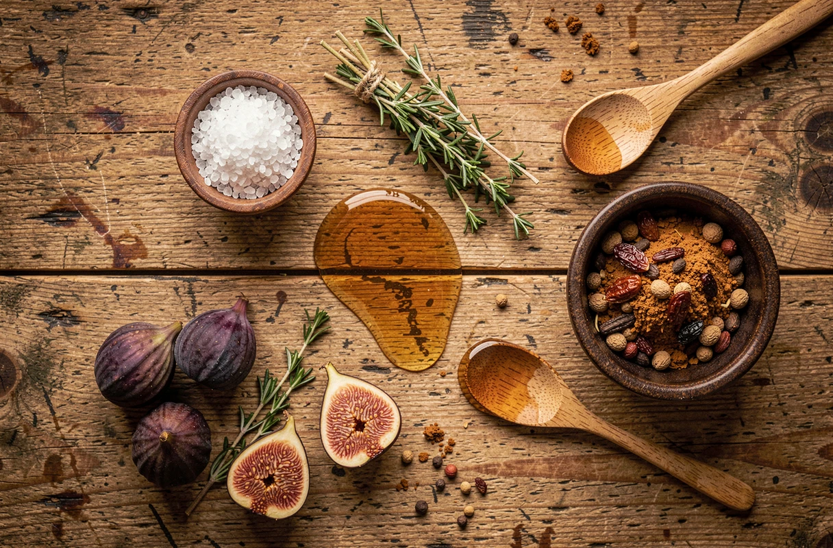 Vue aérienne d'ingrédients gourmands sur une table en chêne avec herbes fraîches figues miel et épices rôties