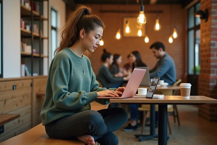 Jeune freelance en marketing digital travaillant sur sa stratégie numérique 2024 dans un café co-working