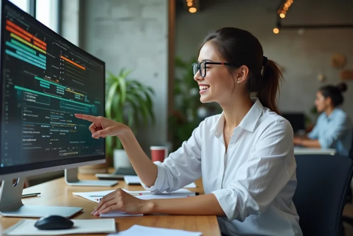Graphiste animée expliquant une timeline de motion design sur écran dans un studio créatif moderne