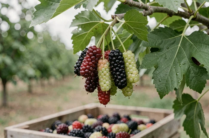 Grappes de mûres à différents stades de maturité sur un mûrier platane dans un verger