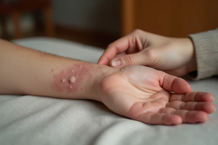 Gros plan sur une peau irritée et squameuse au niveau du poignet révélant les symptômes d'une maladie auto-immune