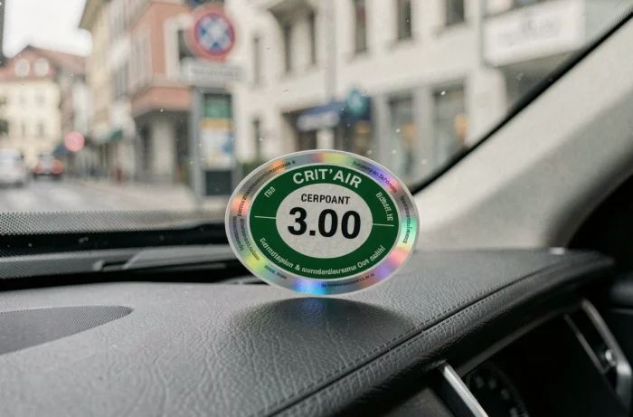 Gros plan sur une vignette Crit'Air colorée collée sur un pare-brise de voiture en Suisse