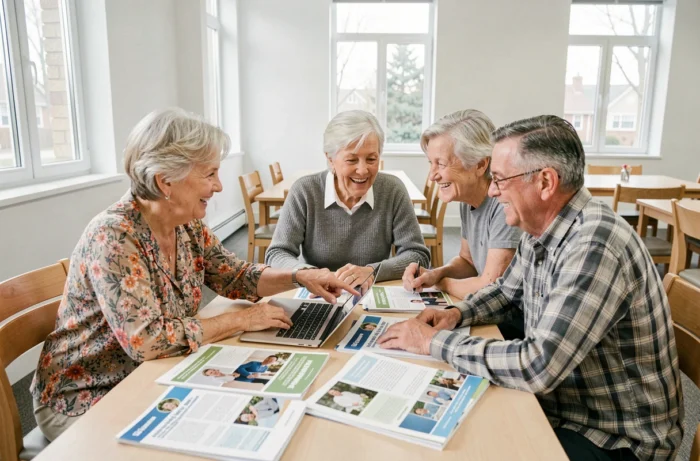 Groupe de seniors discutant ensemble des rubriques d'un guide retraite autour d'une table
