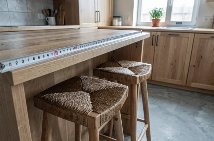 Tabourets de bar devant un plan snack en bois avec mètre ruban indiquant la hauteur idéale dans une cuisine scandinave
