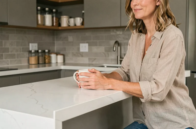 Femme appuyée sur un plan snack blanc en quartz à hauteur ergonomique dans une cuisine moderne