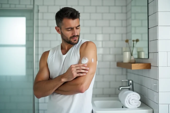 Homme appliquant une crème dermatologique sur une plaque de peau irritée liée à une maladie auto-immune