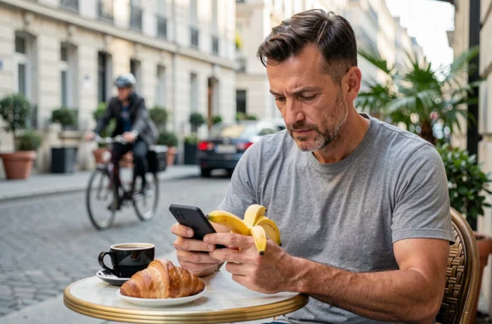 Homme mangeant une banane au petit déjeuner à la terrasse d'un café parisien