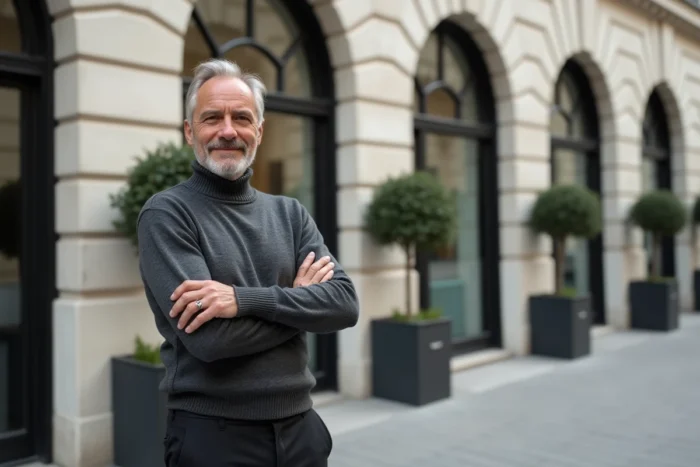 Homme cultivé et élégant posant devant une galerie d'art contemporaine à Paris, portrait masculin éditorial sobre