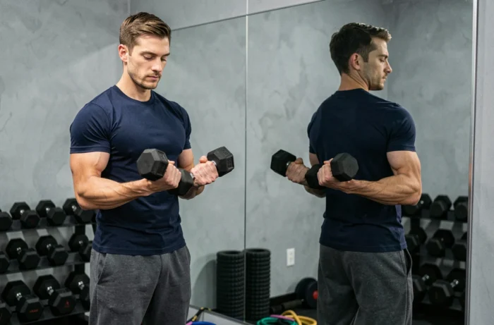 Homme s'entraînant avec des haltères devant un miroir dans un coin gym aménagé à la maison pour un guide fitness complet