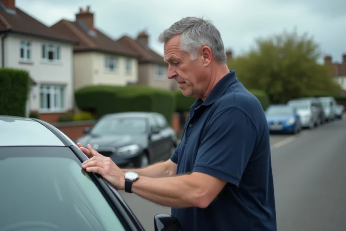 Homme inspectant la carrosserie de sa voiture dans un parking résidentiel pour vérifier les dommages avant de contacter son assurance