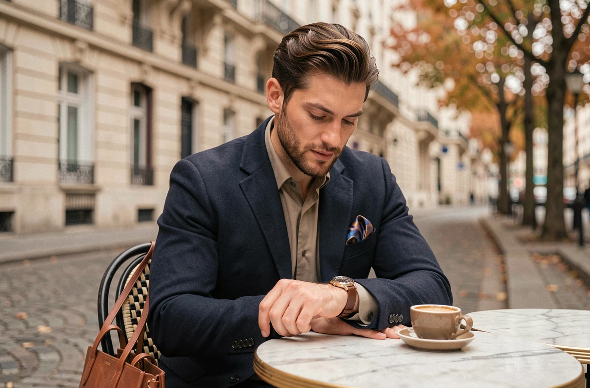 Homme élégant en blazer marine examinant une montre de luxe en terrasse de café parisien avec sac en cuir et pochette en soie