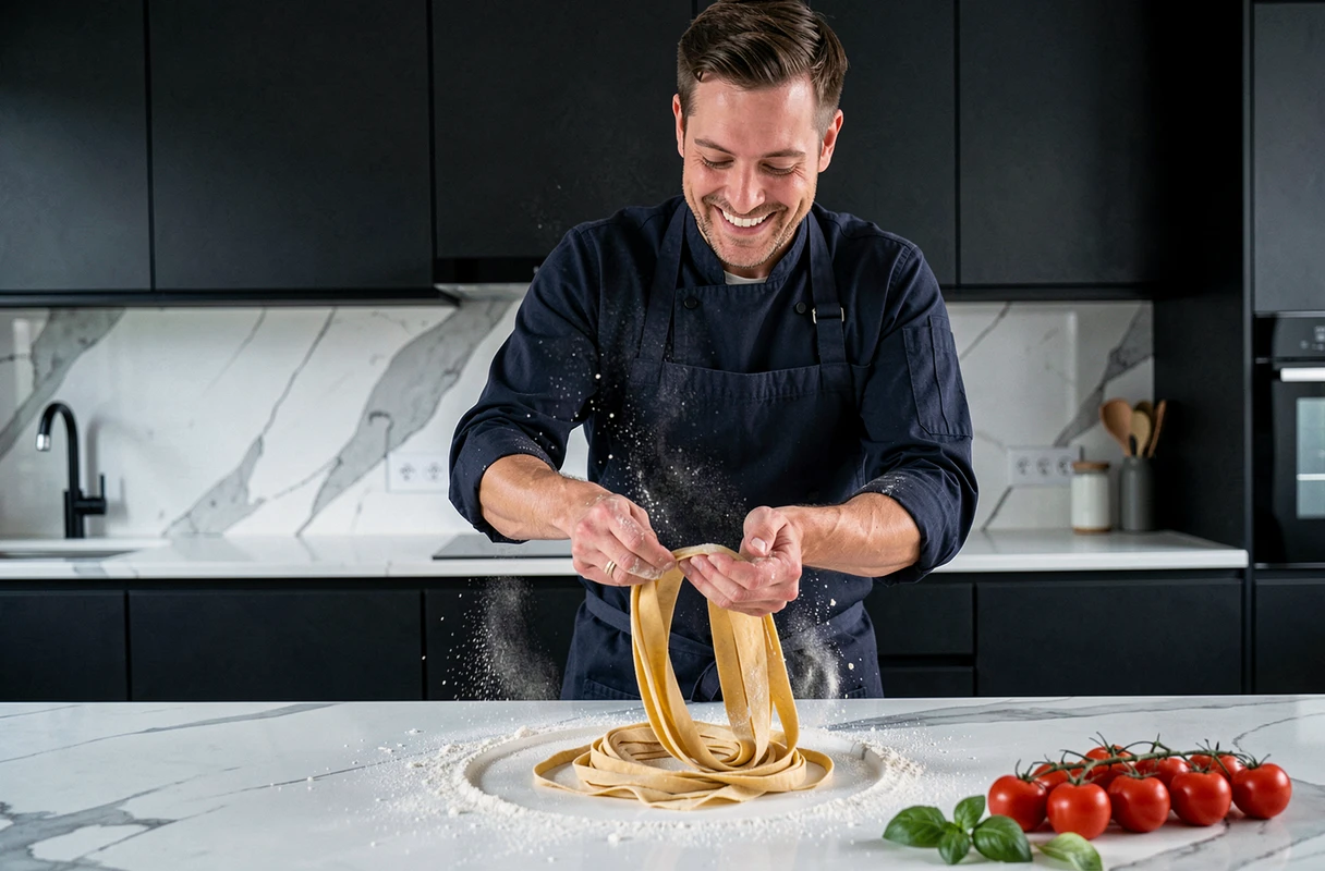 Homme en tablier marine préparant des pâtes fraîches sur un ilot de cuisine moderne avec farine et ingrédients colorés