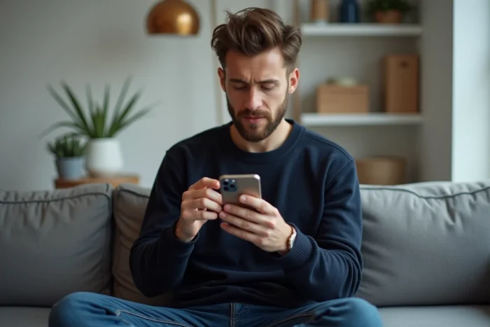 Homme consultant une publicité animée en motion design sur smartphone dans un bureau minimaliste