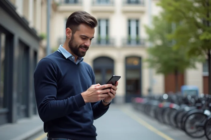 Homme salarié utilisant l'application mobile Al'in en plein air pour rechercher un appartement en ville