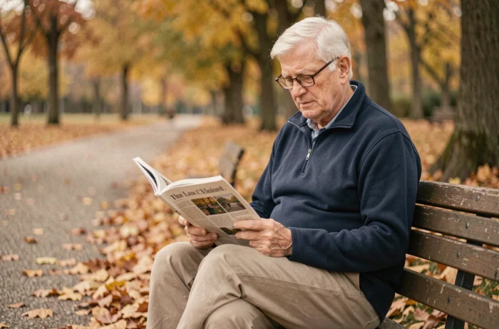 Homme senior retraité lisant un magazine sur un banc de parc en automne