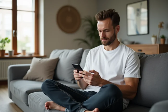 Homme consultant sur smartphone l'adresse mise à jour d'un site de téléchargement depuis son salon