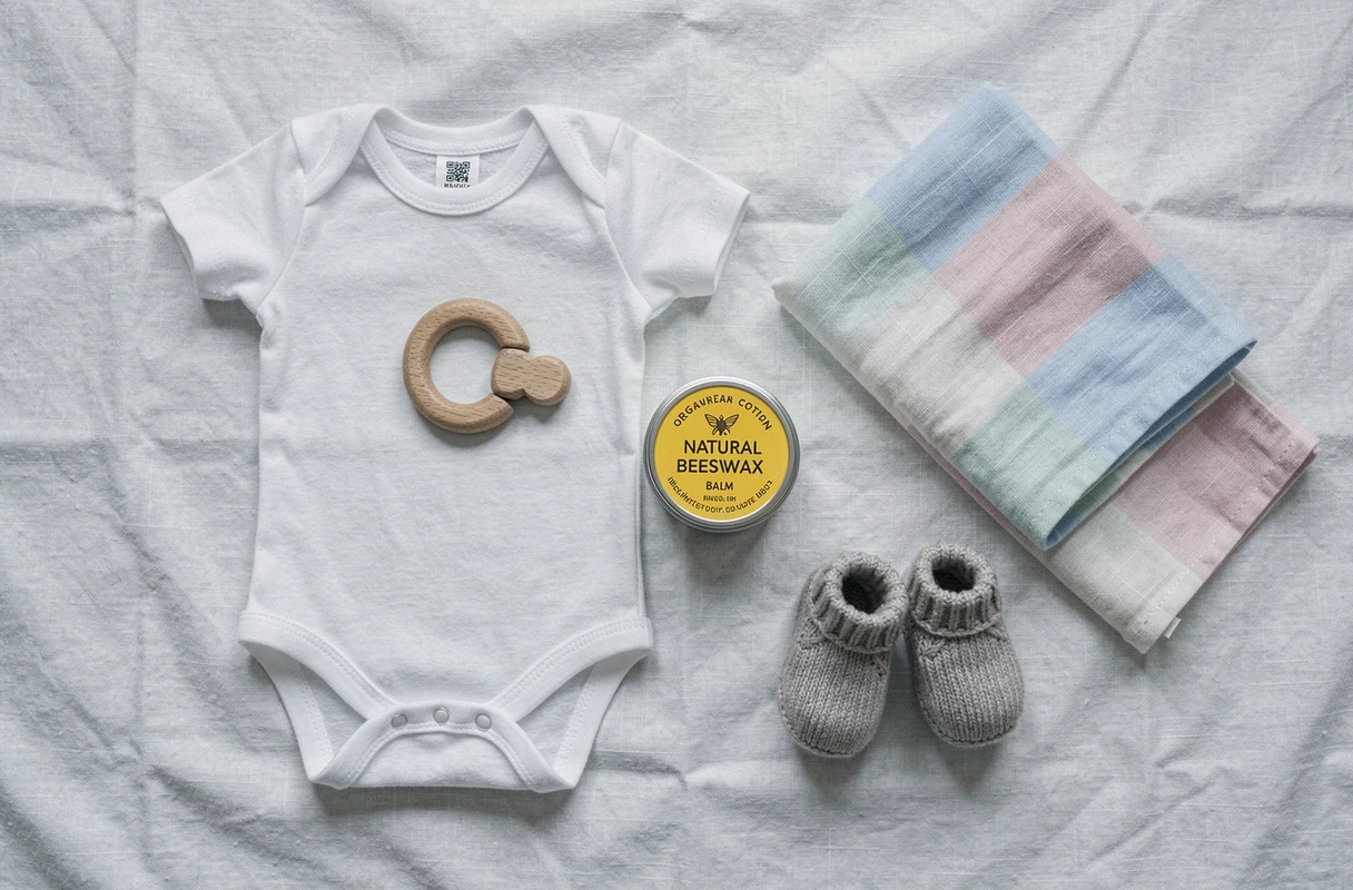 Plateau de cadeaux pour bébé avec body en coton bio, anneau de dentition en bois, chaussons tricotés et accessoires naturels