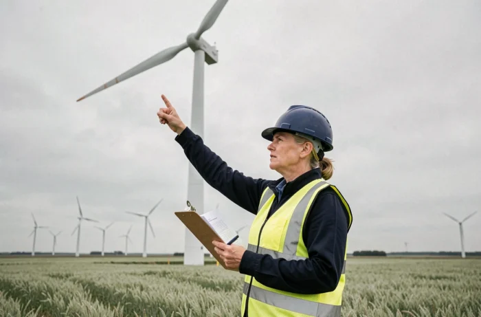 Ingénieure inspectant une éolienne terrestre dans un paysage rural français, illustrant la transition énergétique renouvelable