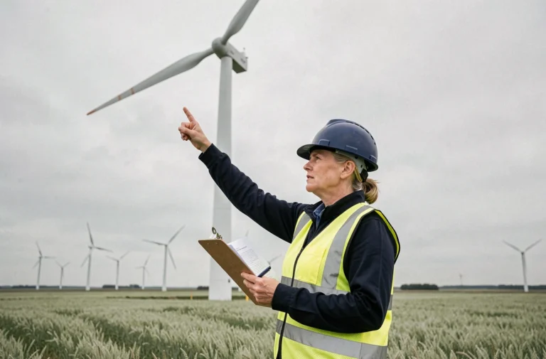 Ingénieure inspectant une éolienne terrestre dans un paysage rural français, illustrant la transition énergétique renouvelable