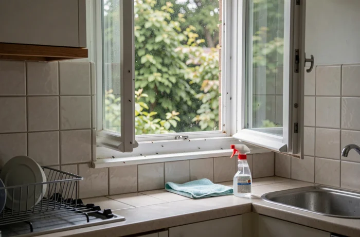 Fenêtre de cuisine avec de petits insectes noirs sur le vitre et produits de traitement posés sur le plan de travail