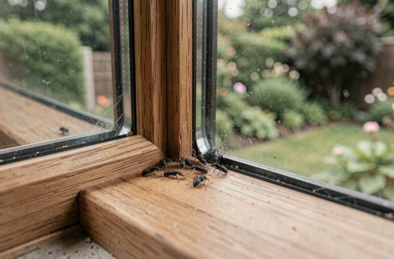 Petits insectes noirs rassemblés dans le coin d'un rebord de fenêtre en bois à l'intérieur d'une maison