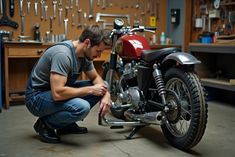 Mécanicien installant un side-car sur une moto vintage dans un atelier de réparation indépendant