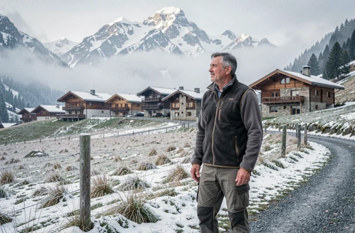 Homme contemplant un village de montagne en Savoie avec le massif du Mont Blanc en arrière-plan lors d'un projet d'investissement immobilier