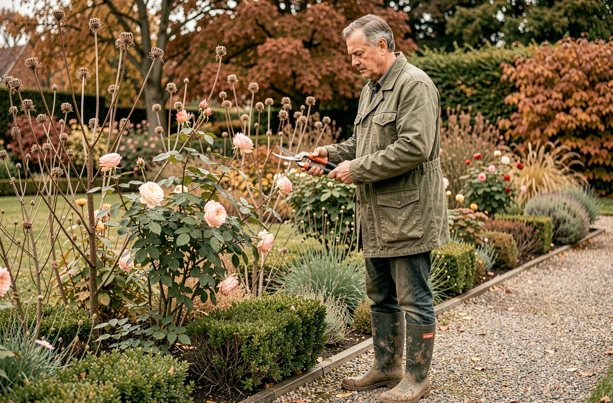 Jardinier taillant des rosiers dans un jardin de vivaces en automne avec un sécateur