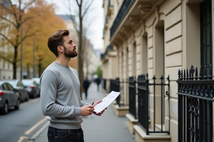Jeune homme évaluant les coûts d'acquisition devant un immeuble haussmannien à Paris