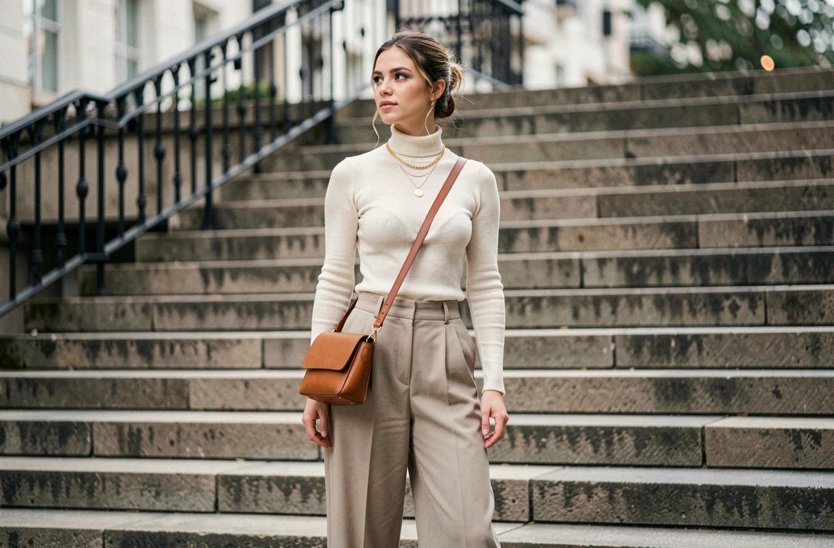 Jeune femme stylée portant des colliers dorés et un sac bandoulière en cuir cognac sur un escalier en pierre urbain, look chic et tendance