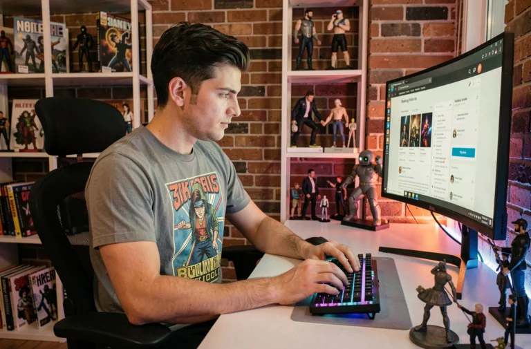 Jeune homme passionné de culture geek naviguant sur un forum en ligne entouré de figurines et de jeux vidéo dans son appartement