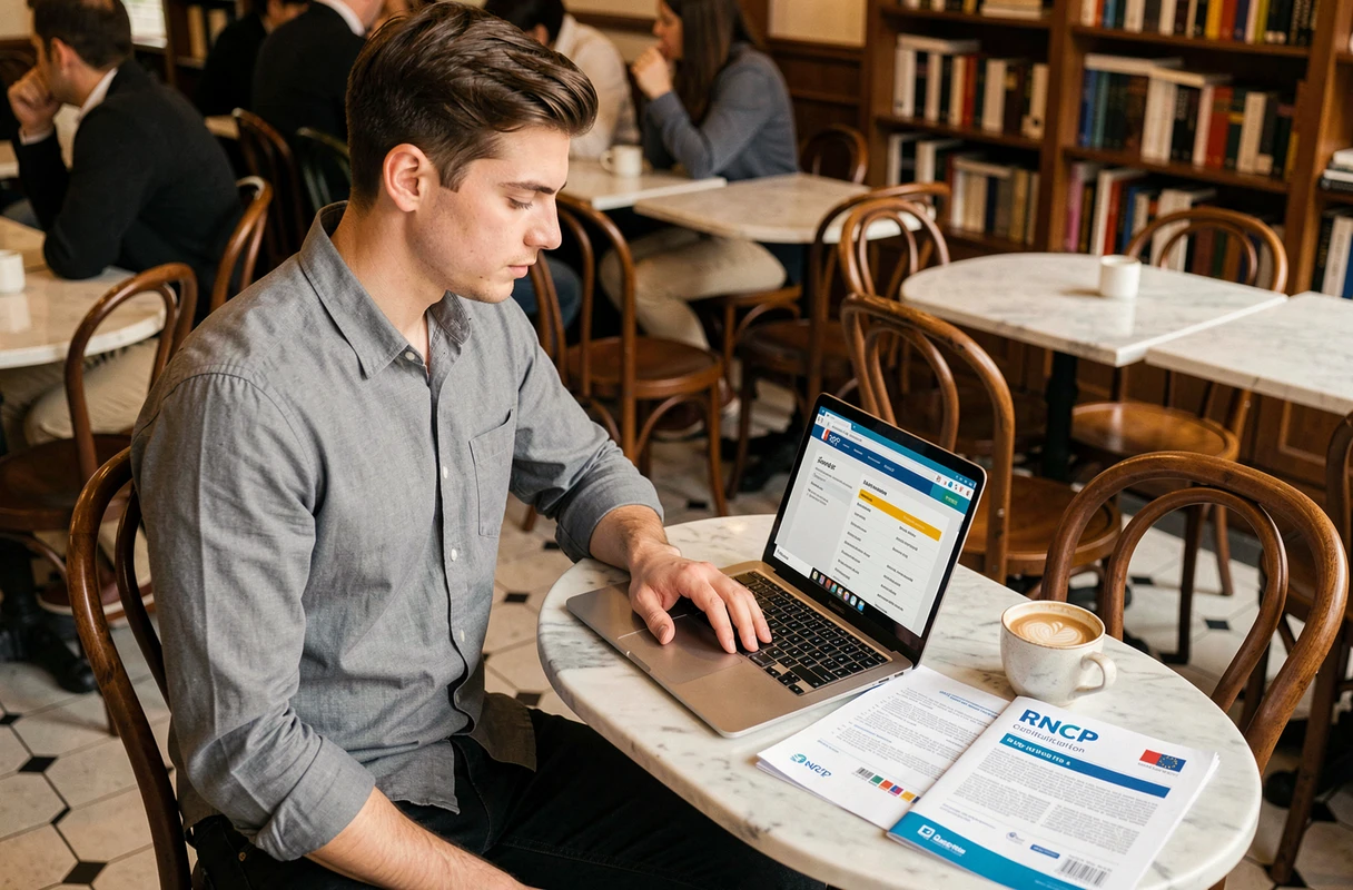 Jeune homme recherchant des informations sur la certification RNCP en ligne dans un café parisien avec un laptop et une brochure