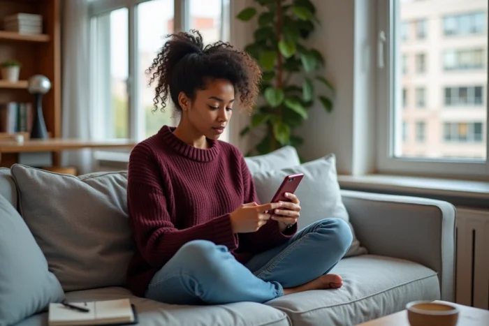 Jeune salariée parcourant l'application Al'in sur son téléphone depuis son canapé pour trouver un logement
