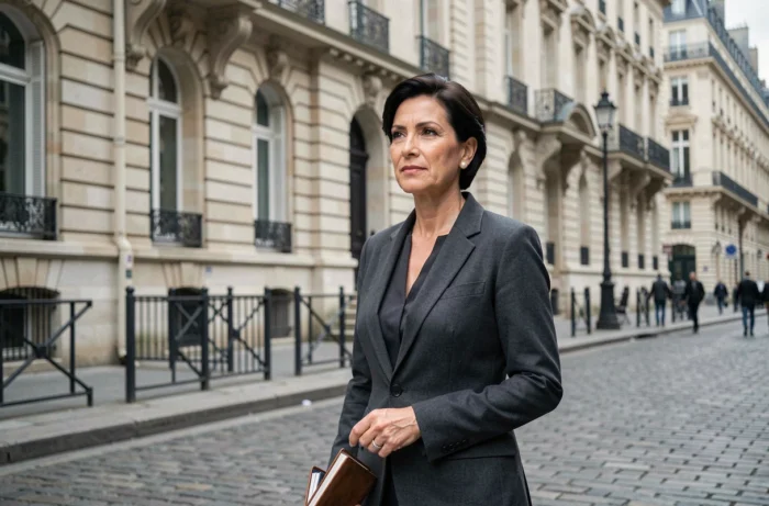 Femme journaliste debout devant un bâtiment historique parisien en pierre, carnet à la main, dans un cadre éditorial authentique