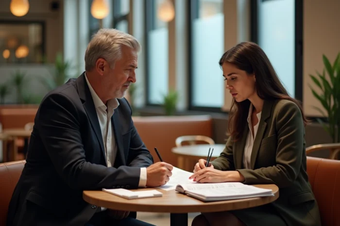 Homme et femme travaillant ensemble dans un café parisien, évoquant l'influence mutuelle entre vie de couple et engagement dans les médias