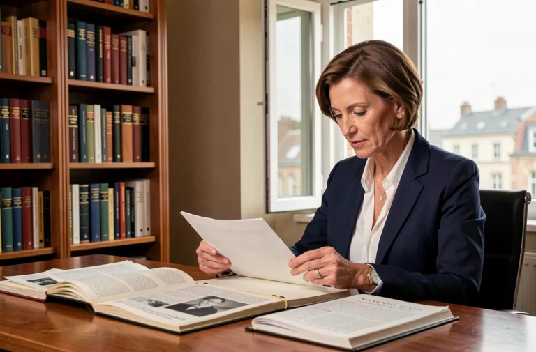 Journaliste professionnelle assise à son bureau, parcourant des documents et des coupures de presse dans un bureau élégant avec bibliothèque