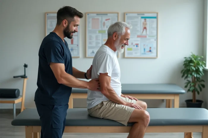 Kinésithérapeute guidant un patient âgé lors d'un exercice de rééducation du sacrum sur une table de thérapie en cabinet médical