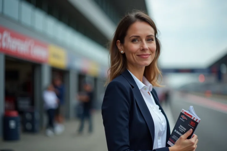 Femme élégante et souriante dans un environnement paddock de course automobile, illustrant le parcours de Laurène Godey
