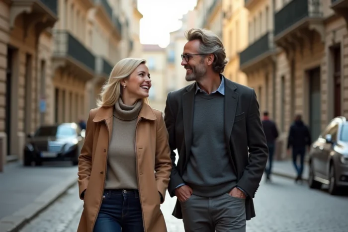 Couple complice se promenant dans une rue européenne pavée, évoquant la vie privée et la relation amoureuse de Laurène Godey et Sébastien Loeb