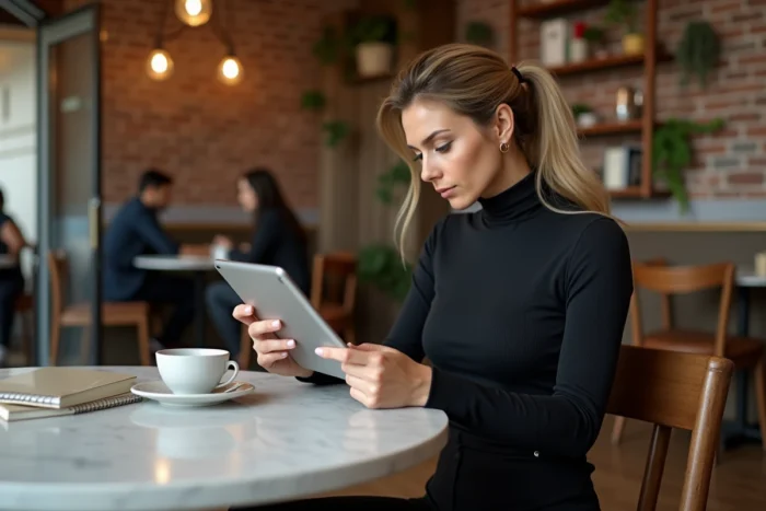Femme professionnelle et déterminée assise dans un café élégant, illustrant la carrière et la vie personnelle de Laurène Godey