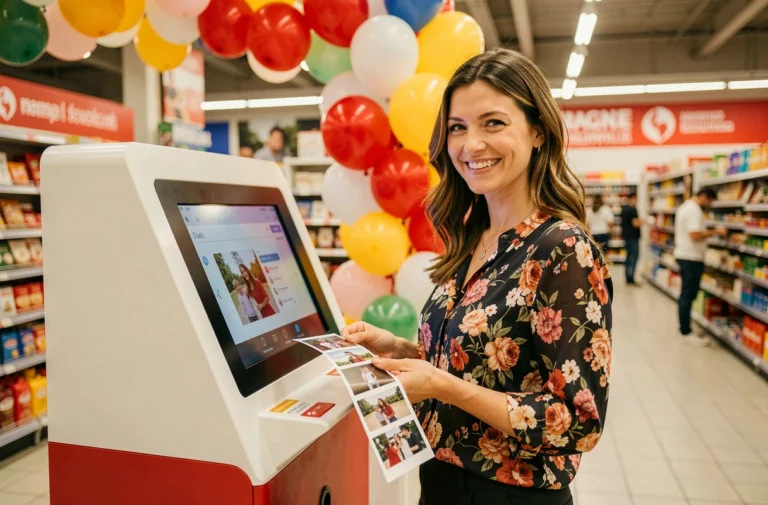 Femme utilisant une borne photo en location chez Leclerc pour un événement festif