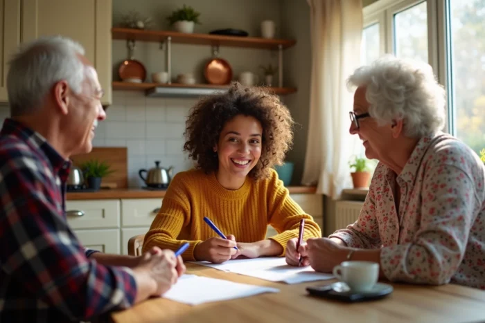 Une jeune femme et ses proches examinant un accord de prêt informel autour d'une table familiale, illustrant le love money et les prêts entre proches